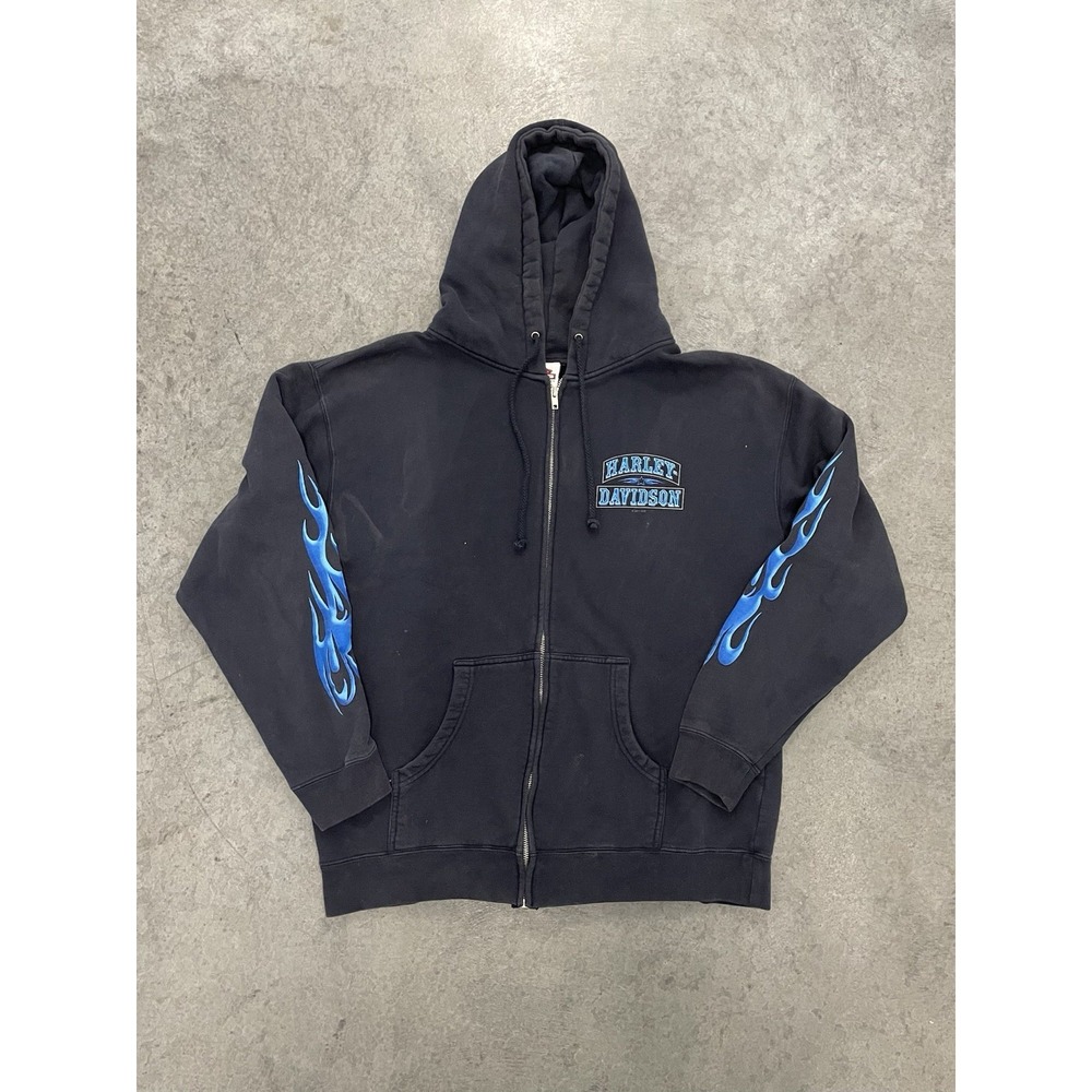 Vintage Harley Davidson Zip Up Hoodie Blue Flame Sleeves Grand Teton Large